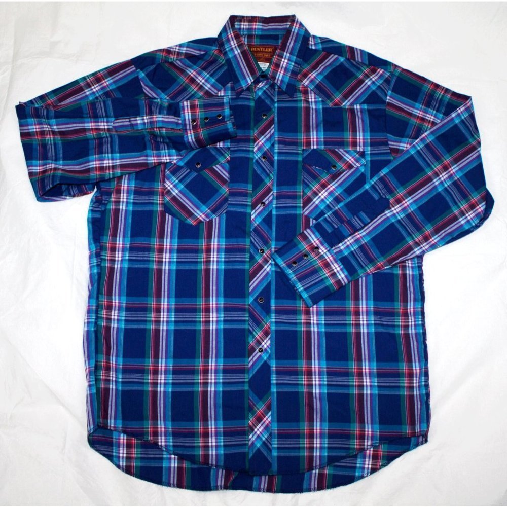 Rustler Mens Long Sleeve Pearl Snap Plaid Western Shirt Size X Long Tails